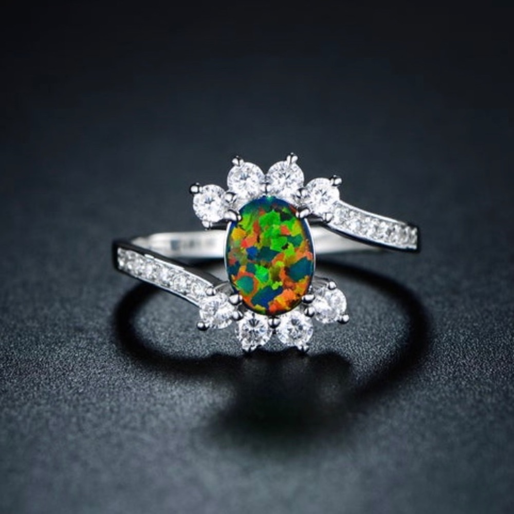 18K White Gold Plated Blk Opal & Cubic Zircon Ring